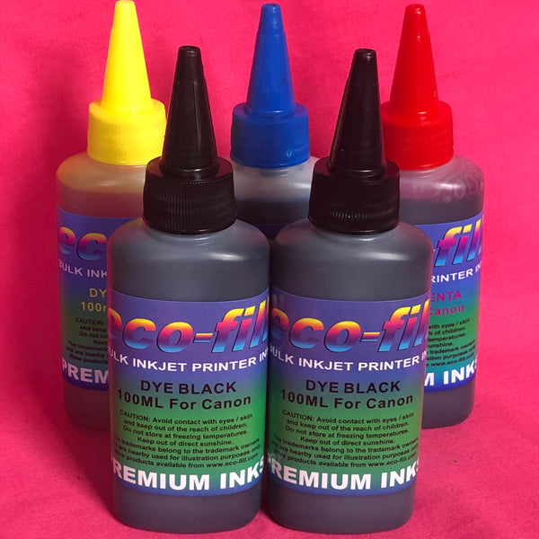 5X100ML ECO-FILL DYE REFILL INK FOR REFILLING CANON PIXMA PRINTERS