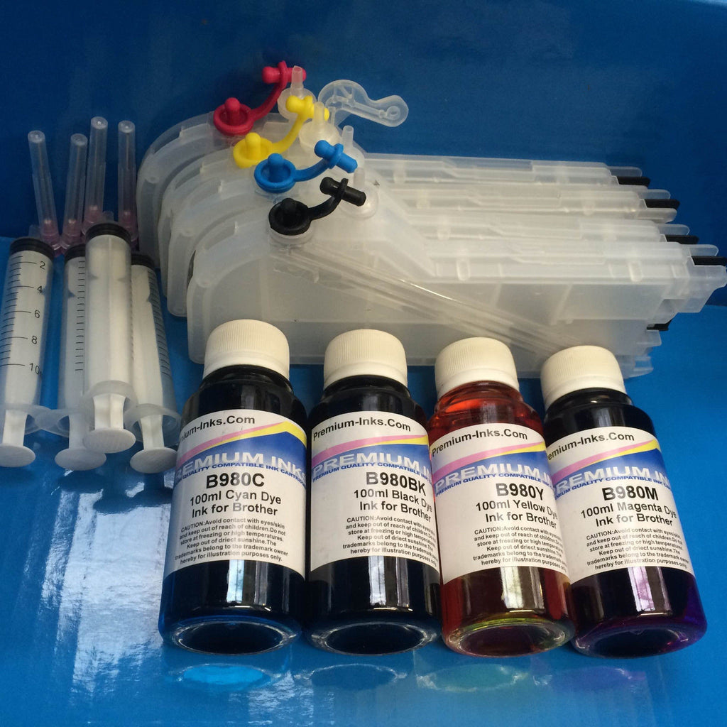 4 LARGE REFILLABLE PRINTER CARTRIDGES + 400ML INK BROTHER LC980 LC985 LC1100 NON OEM