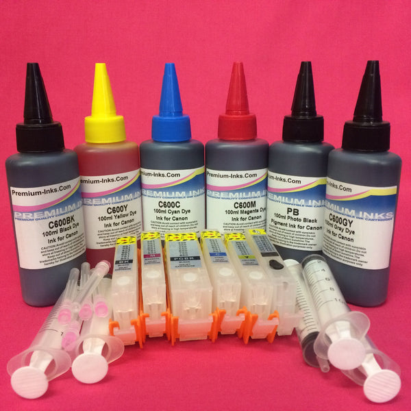 6 REFILLABLE CARTRIDGES FOR CANON + 6x100ml PIGMENT/DYE INK
