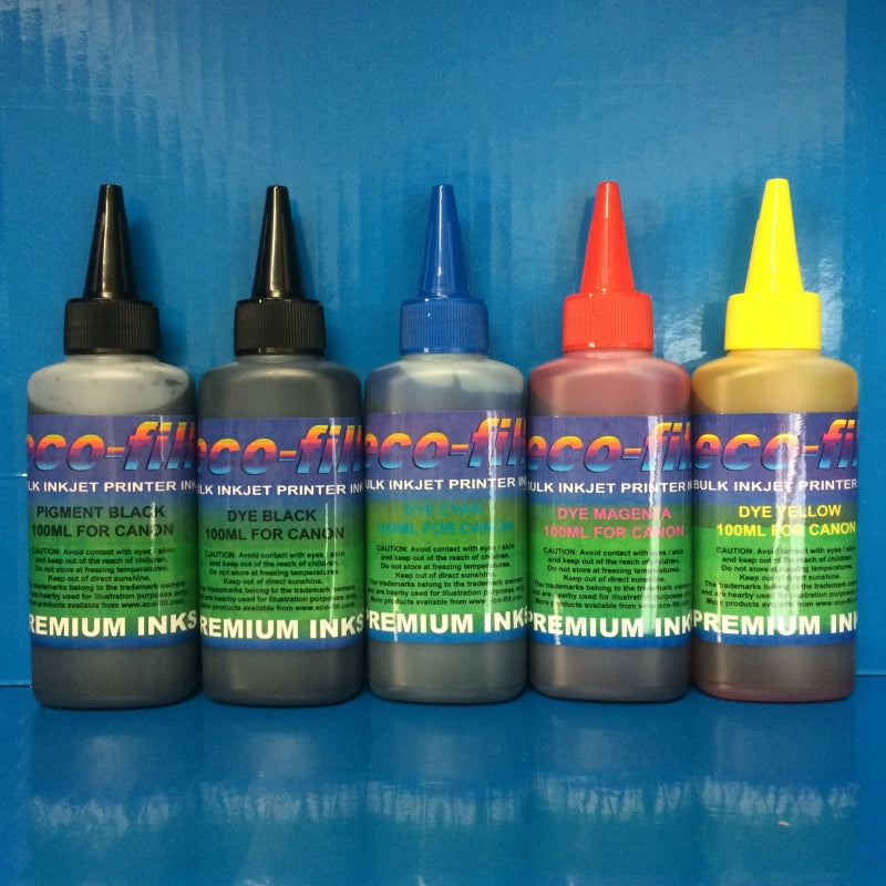 5X100ML ECO-FILL DYE/PIGMENT REFILL INK FOR CANON PIXMA PRINTERS NON OEM