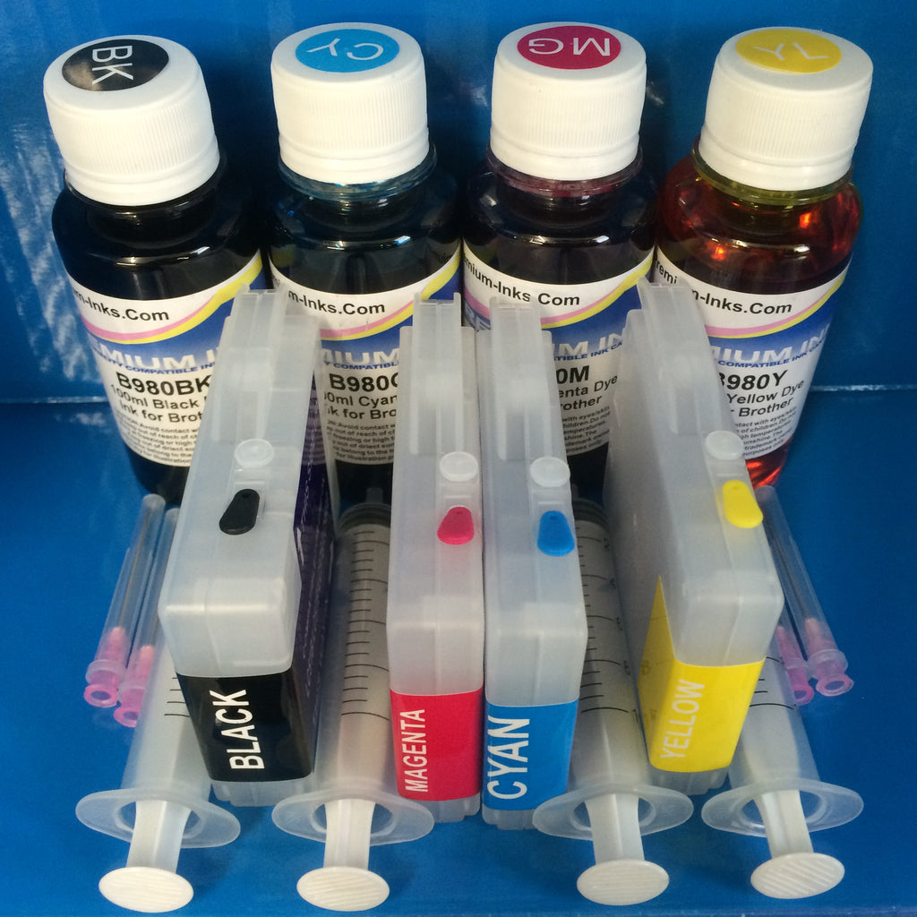 4 REFILLABLE CARTRIDGES + 4X100ML INK FOR REFILLING BROTHER LC970 LC1000 Non OEM