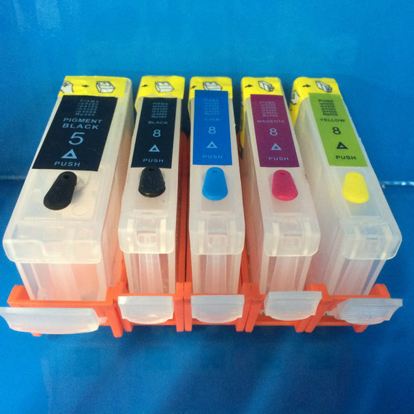 6 REFILLABLE CARTRIDGES + 600ml DYE REFILL INK FOR CANON CLI-8 BK/C/M/Y/PC/PM