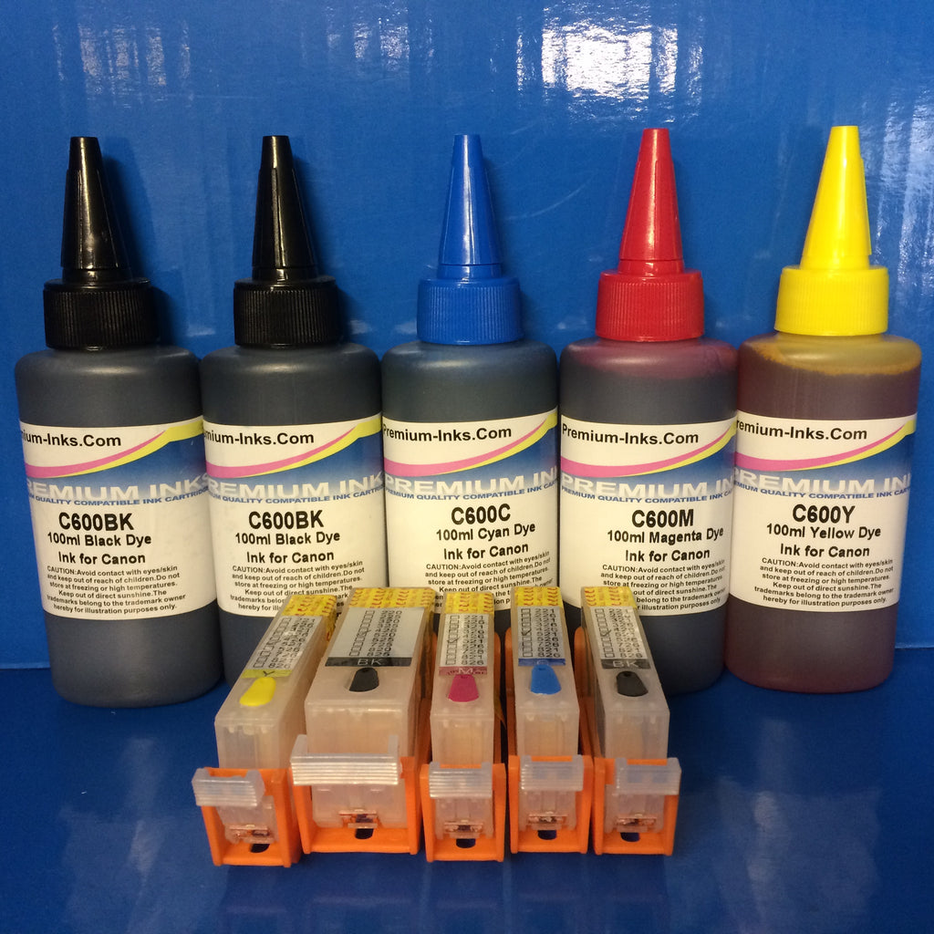 5 REFILLABLE CARTRIDGES +500ML INK FOR CANON PGI-520BK CLI-521 BK/C/M/Y With Auto Reset Chips Non OEM